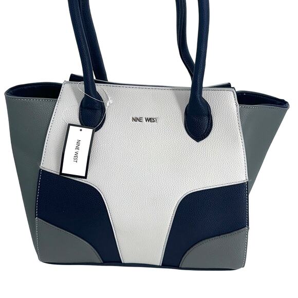 Nine West Sierra Tote Handbag with Matching Wallet Gray Navy Leather Purse NWT - Picture 3 of 16